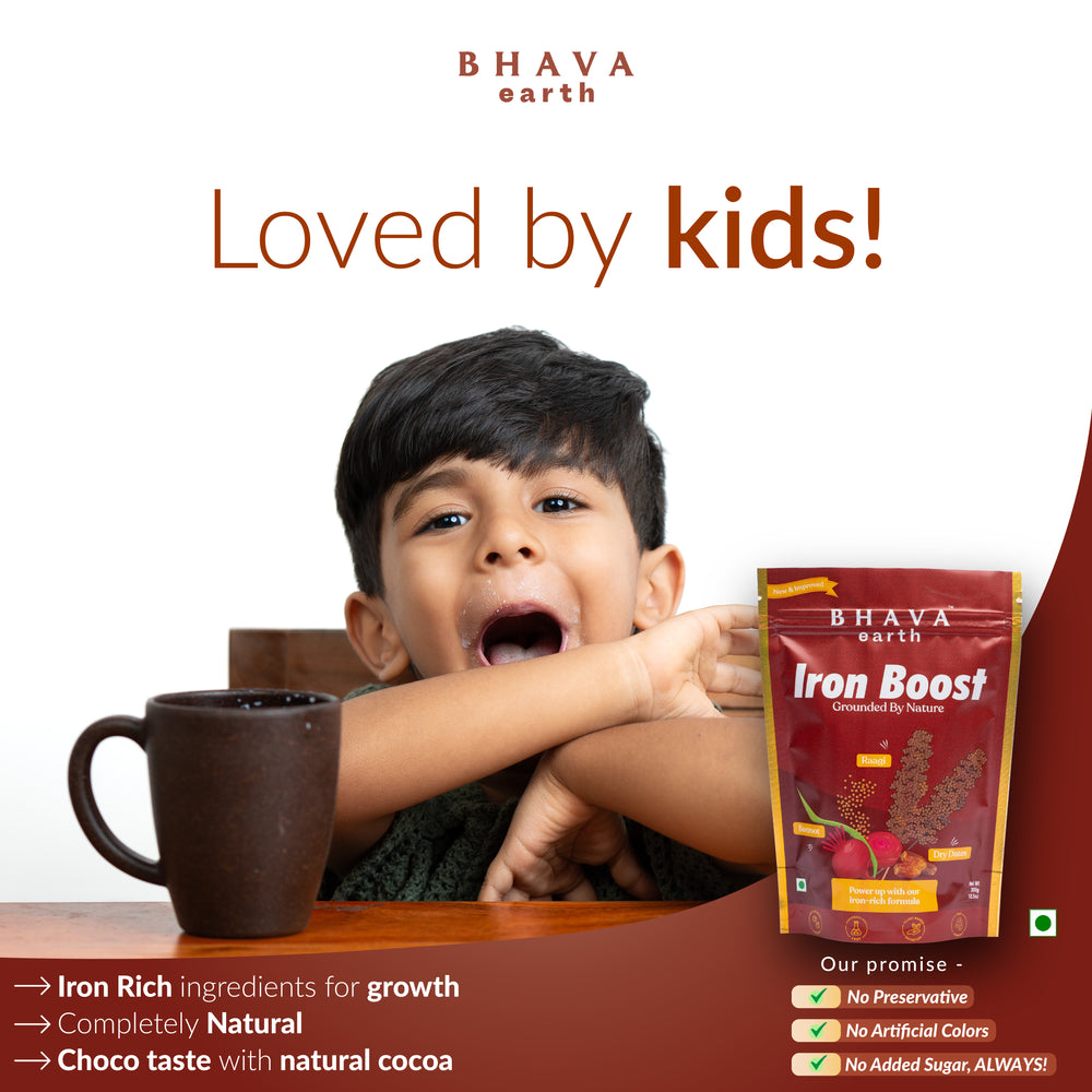 BhavaEarth Iron Boost | Chocolatey Nutrition Mix | Kids & Adults | 30 Servings | No Added Sugar | 300g