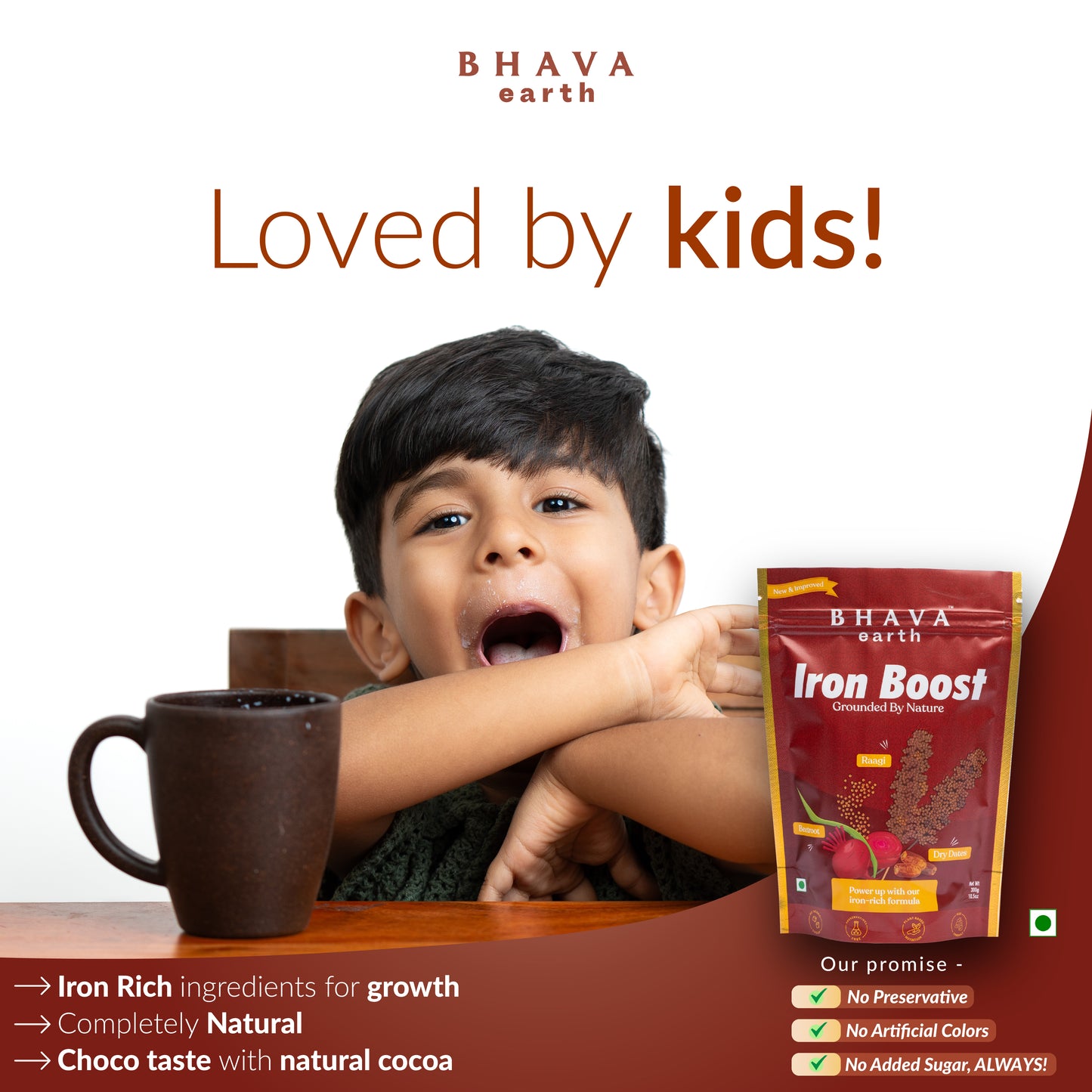 
                  
                    BhavaEarth Iron Boost | Chocolatey Nutrition Mix | Kids & Adults | 30 Servings | No Added Sugar | 300g
                  
                